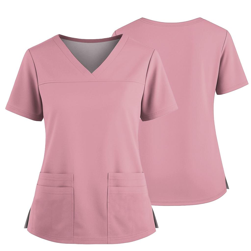Women's Uniform Color V-Neck Pocket Side Slit Uniform Short Sleeved Top Top