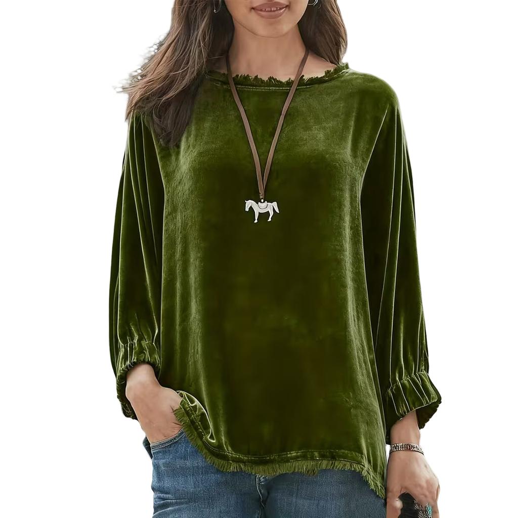 Women's Casual Pullover Top Color Neck Long Sleeve Loose Fit Shirt for Everyday Wear