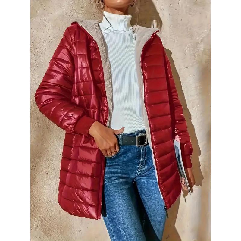 2025 Winter Women's Mid-Length Quilted Parka, Hooded Fleece Lined Loose Fit Thermal Jacket with Zipper, Warm Padded Casual Coat for Cold Weather
