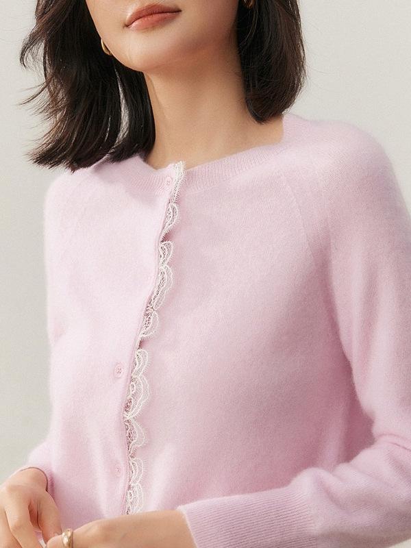Women's Autumn Cashmere Round Neck Lace Knit Cardigan Sweater - Korean Style, Solid Color, Outerwear Option
