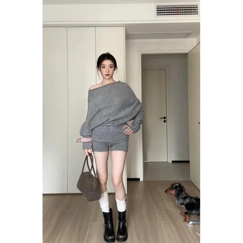 2024 Autumn Women's Off-Shoulder Knit Top & High-Waisted Slim Shorts Set
