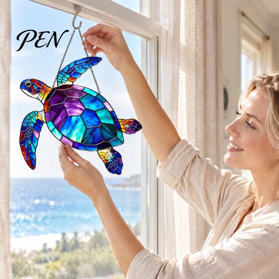 Beach House Decorations Sea Turtle Suncatcher, Acrylic Window Hanging Ornament, Faux Stained Glass Gifts for Lovers Coastal Decor Ocean Lovers, Garden