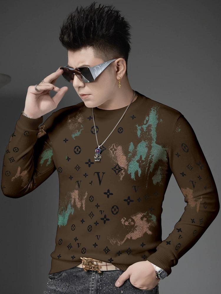 

European Style Round Neck Long-Sleeve Knit Sweater for Men, Autumn and Winter 2025 New Trendy Velvet Print Warm Sweater for Men 5XL кофейный