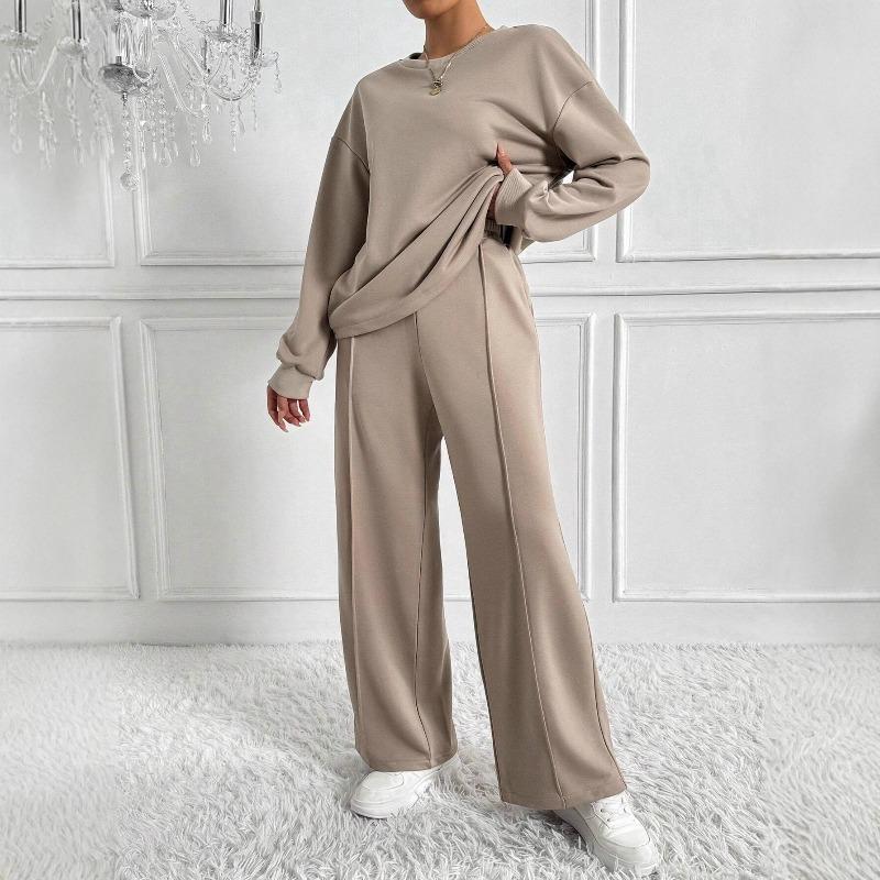 New Fall/Winter Solid-Color Round-Neck Long-Sleeve Top and Long Pants Set for Women: A Stylish Two-Piece Outfit