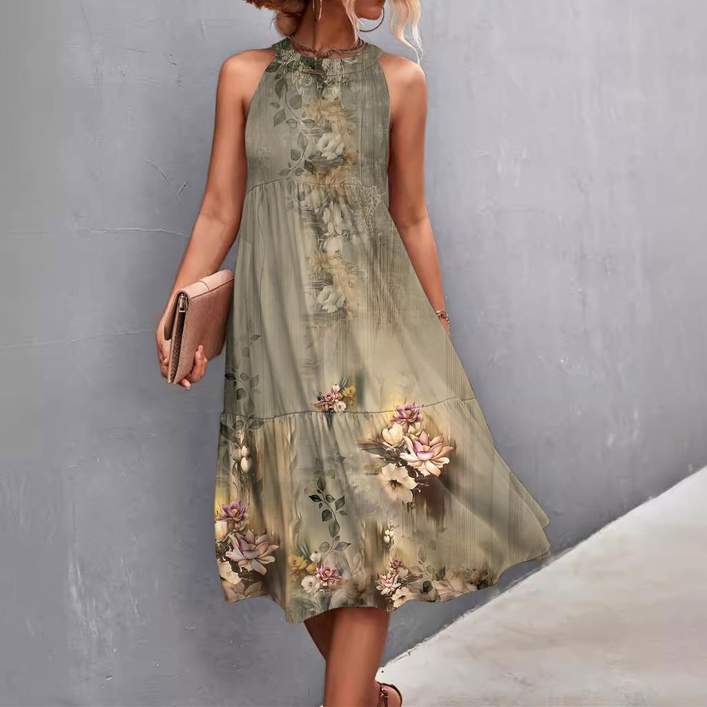 Women's Summer Sleeveless Solid Color Printed Loose Splicing Casual Hanging Neck Beach Dresses