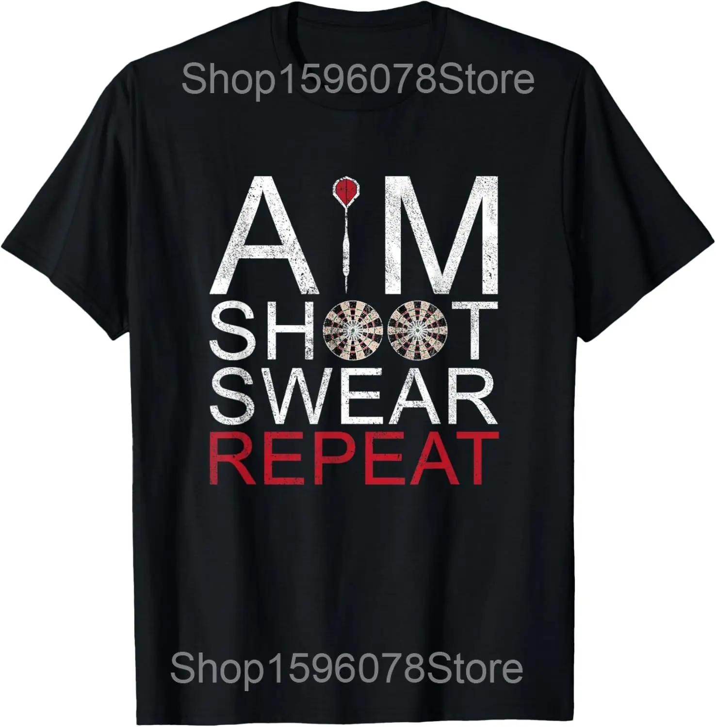 Aim Shoot Swear Repeat Darts Retro T Shirts Men Women Pure Cotton Humor Streetwear Tee Shirt Short Sleeve Unisex Loose Clothing S