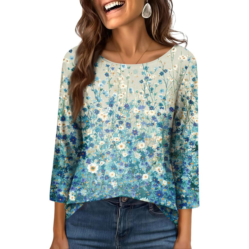 Damtopp med rund hals och 3/4-ärmar, trendig och avslappnad tryck