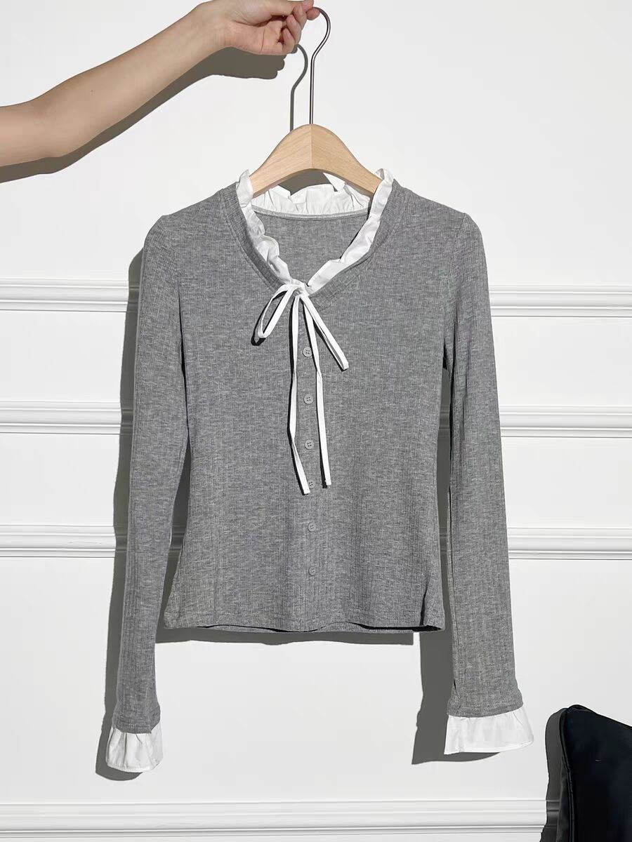 

Strap bow design knitted sweater women s autumn and winter new ruffle edge button front shoulder long sleeve T-shirt women S [recommended within 50kg ] серый