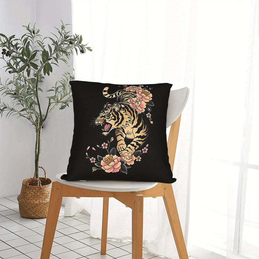 Double-Sided Japanese Style Tiger Pink Floral Pillowcase - Modern Decorative Cushion Cover With Zipper, Machine Washable