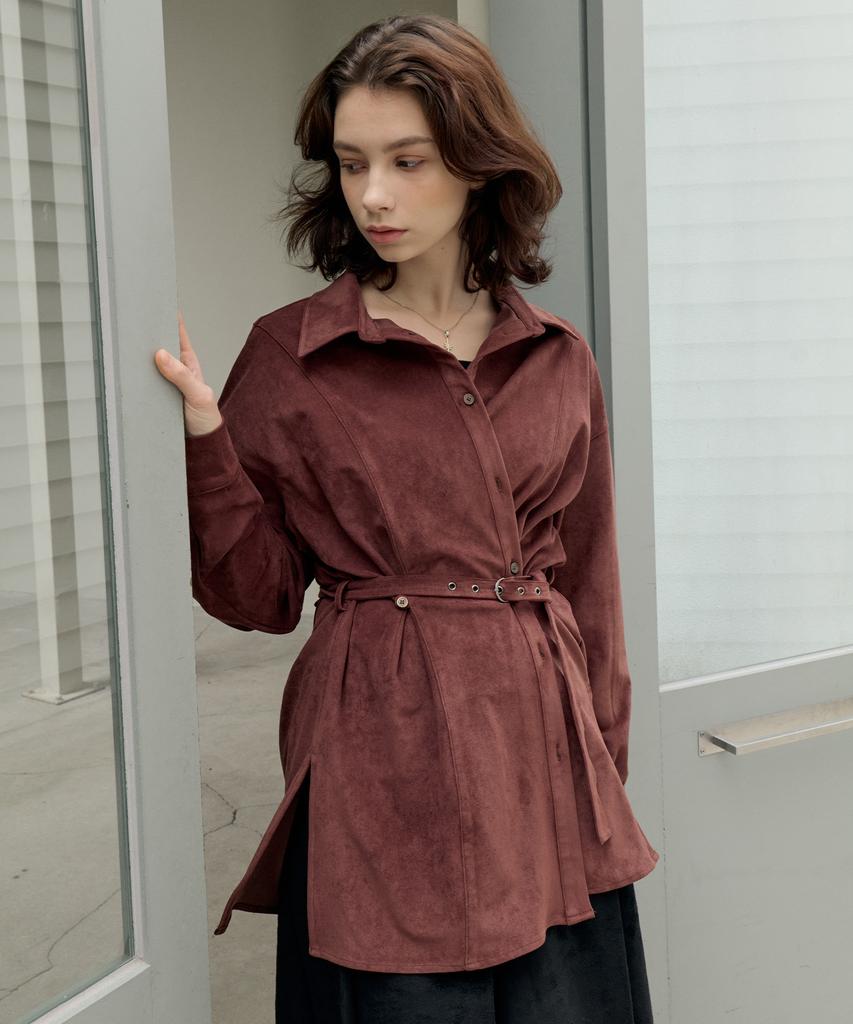 ITOV SEOUL Suede Belted Shirt Jacket Brown