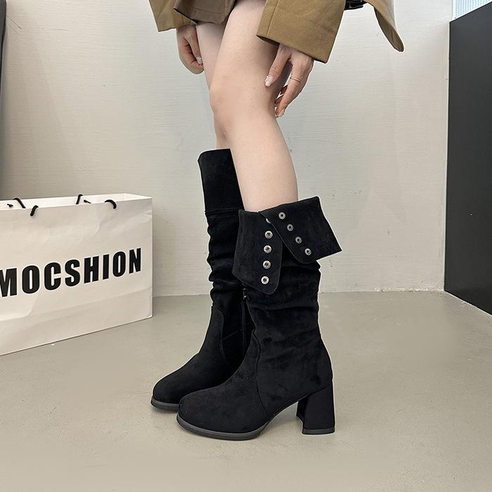 But Knee Boots Women's 2025 Autumn Thin Retro Western Cowboy Boots Thick Heel Knight Boots Medium Tube Stacking Boots