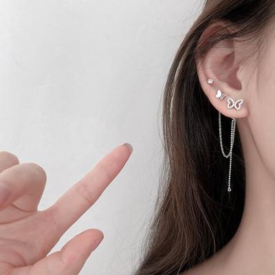 925 Sterling Silver Asymmetry Tassel Crystal Butterfly Stud Earring for Women Party Jewelry Pendientes Accessories Eh1649