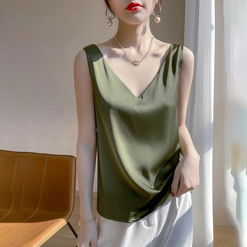 Women S Loose Fit V Neck Wide Strap Camisole French Style Ice Silk Top