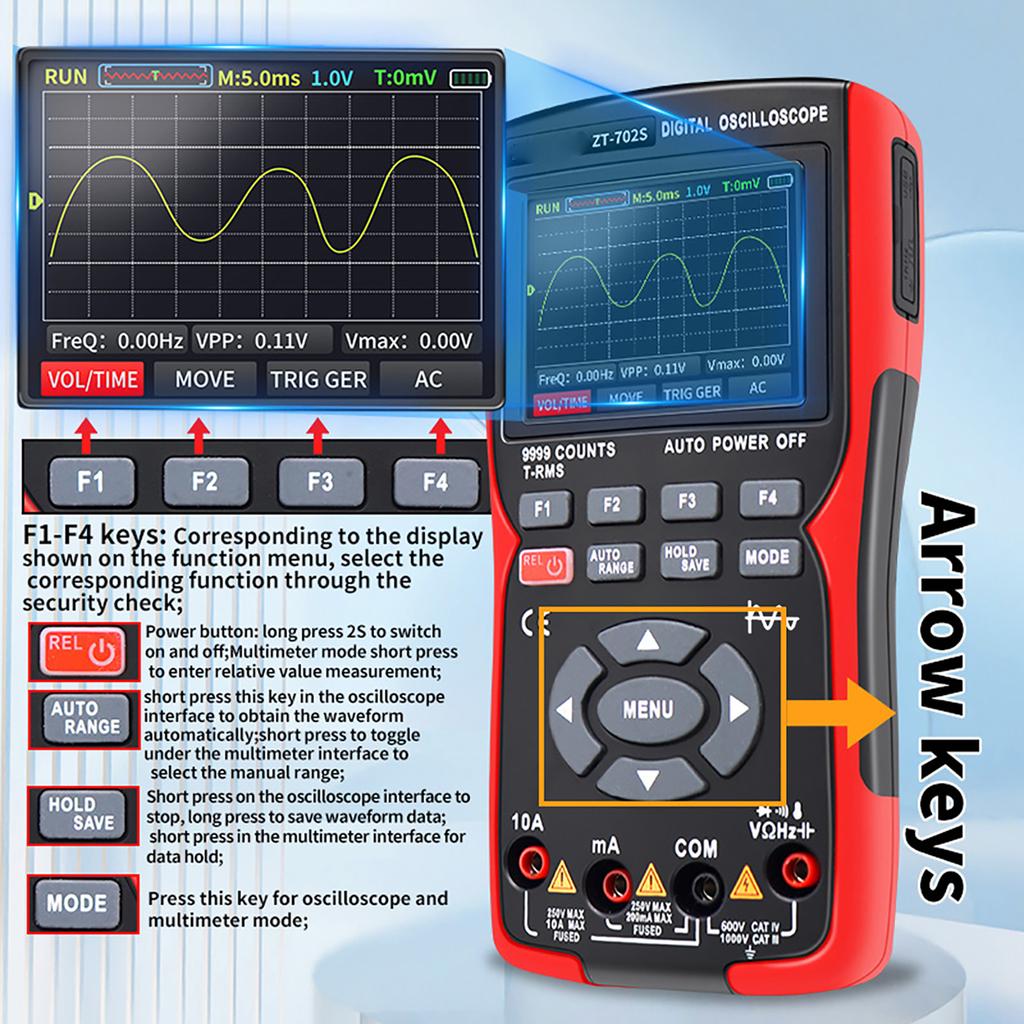 אוסצילוסקופ דיגיטלי מולטימטר 48MSa קצב דגימה 10Mhz רוחב פס 9 ספרות True 2.8 אינץ' תצוגה צבעונית מולטימטר