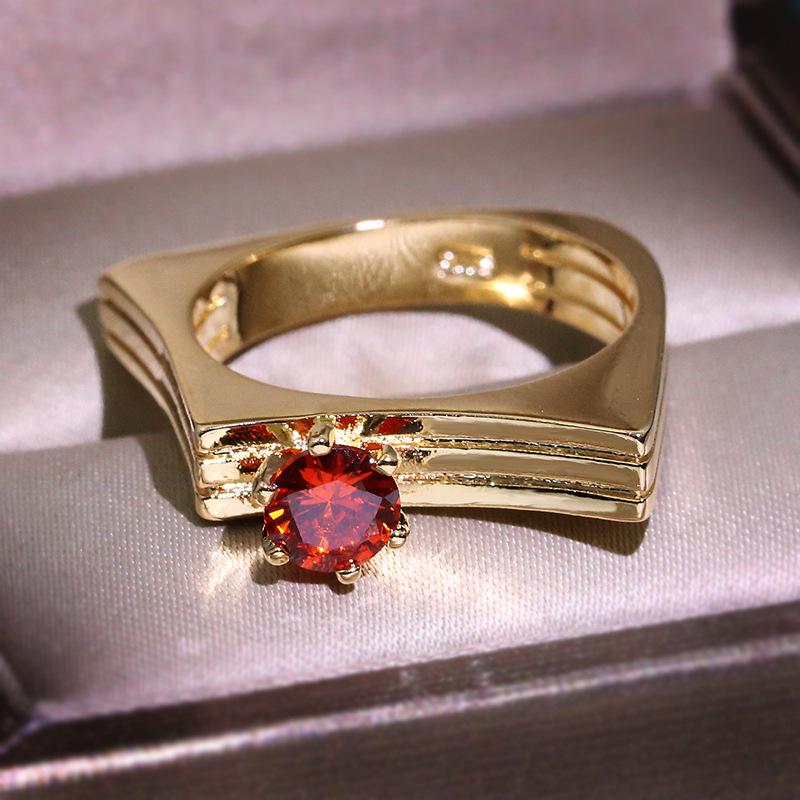 Luxury Yellow Gold Filled Red Zircon Stone Ring Charms Jewelry Crossed Design Crystal CZ Wedding Rings Engagement Jewelry