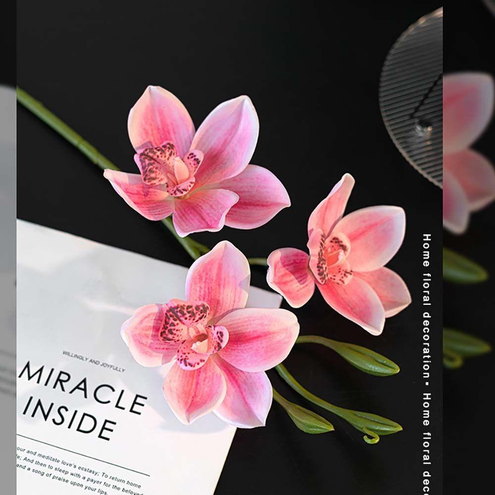 Silk Material Faux Flower 3 Heads Design Artificial Flower Stem Simulated Orchid  Tea Room Decor
