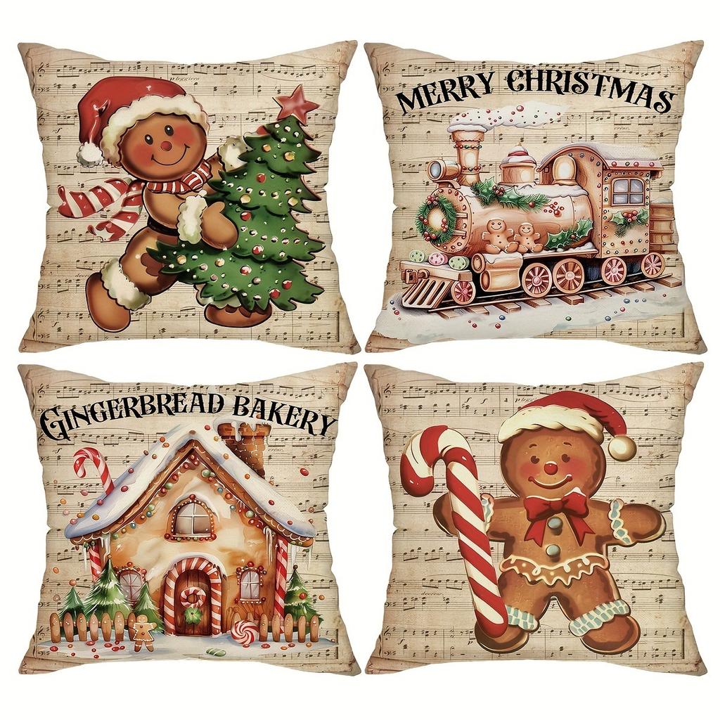 Christmas Gingerbread Decoration Pillowcase New Year Gift Christmas Train Cabin Pattern Home Room Decoration Sofa Cushion Cover