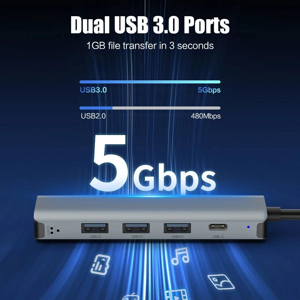5-in-1 USB-A3.0 Docking Station USB-C Data Transmission Cable Adapter Ethernet Rj45 Gigabit Network Card Type-C Hub for Laptops