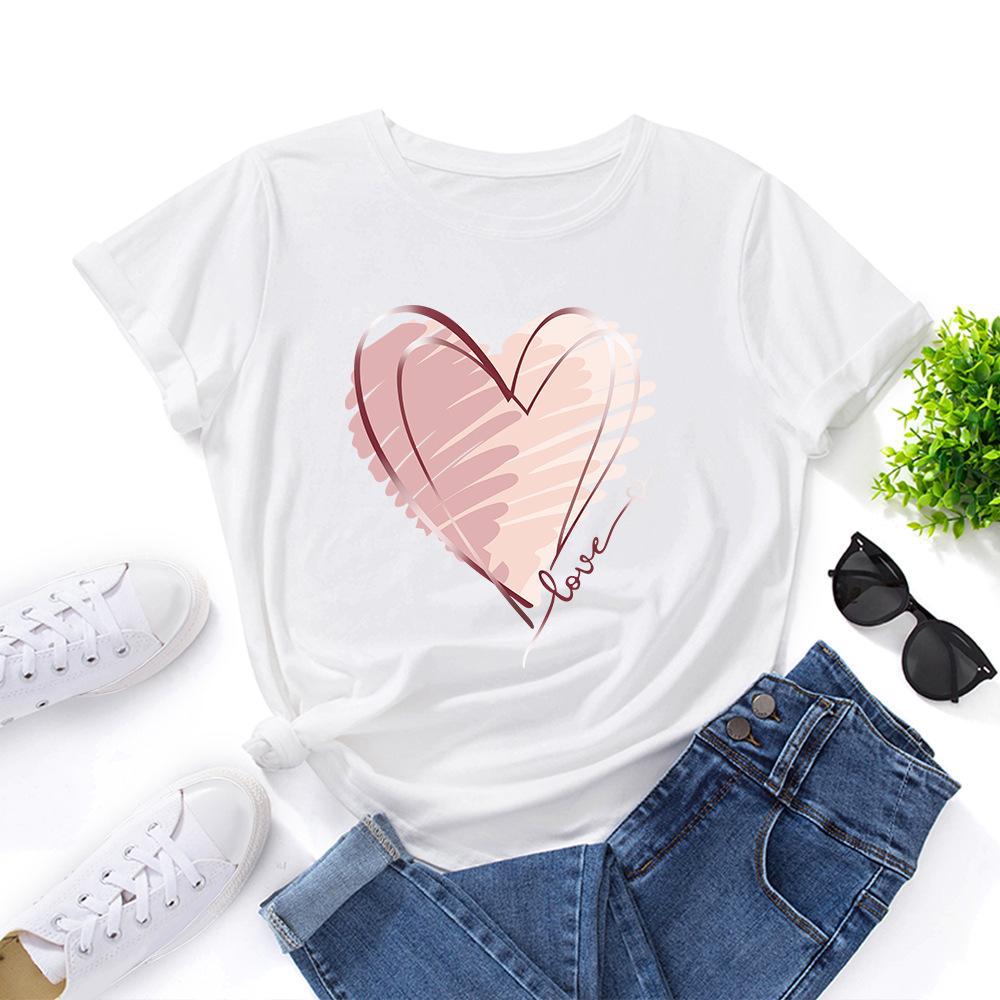 Módní bavlněné tričko s potiskem srdce, krátký rukáv, kulatý výstřih, dámské topy s 2D potiskem