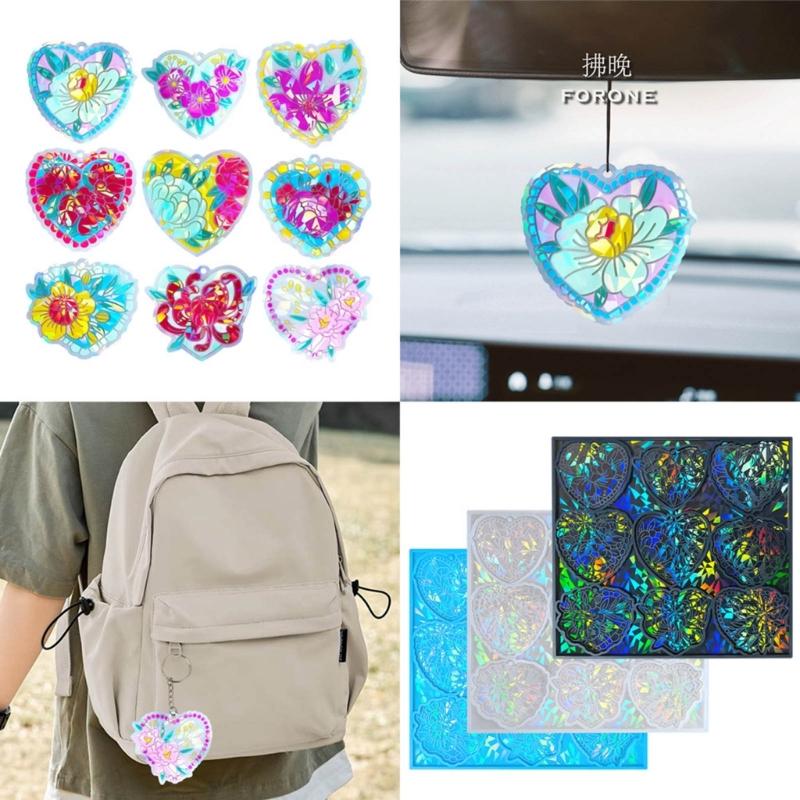 Holographic Heart Mold Silicone Jewelry Pendant Resin Mold Sparkling Flower Epoxy Mold Earring Charm Mold DIY Craft