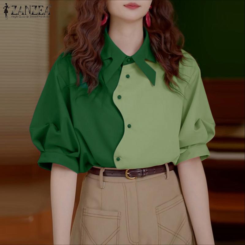 ZANZEA Women Casual Turn Down Collar Loose Summer Short Sleeve Blouse