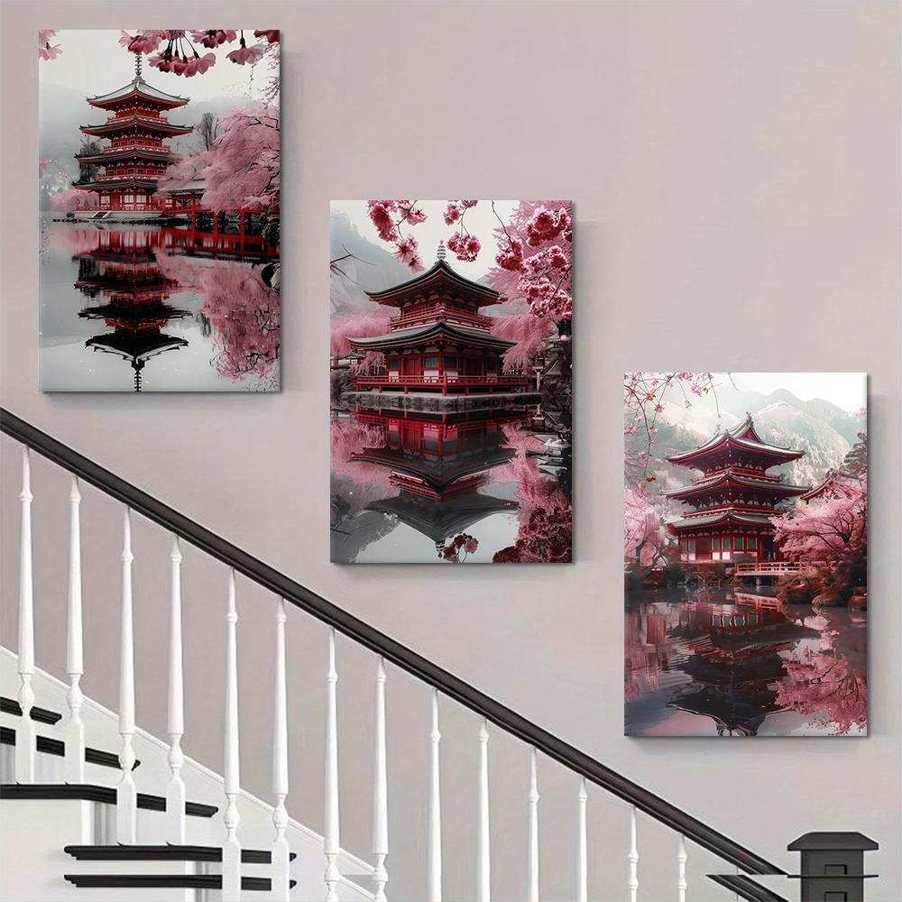 3 Pieces of Japanese Style Antique Red Pagoda Cherry Blossom Decoration Paintings Zen Landscape Canvas Paintings Living Room Ent