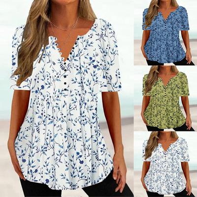 Women's Clothing 2024 Summer Loose V-neck Short Sleeve Pleated Button Shirt Women Lady Fashion Casual Versatile Top
