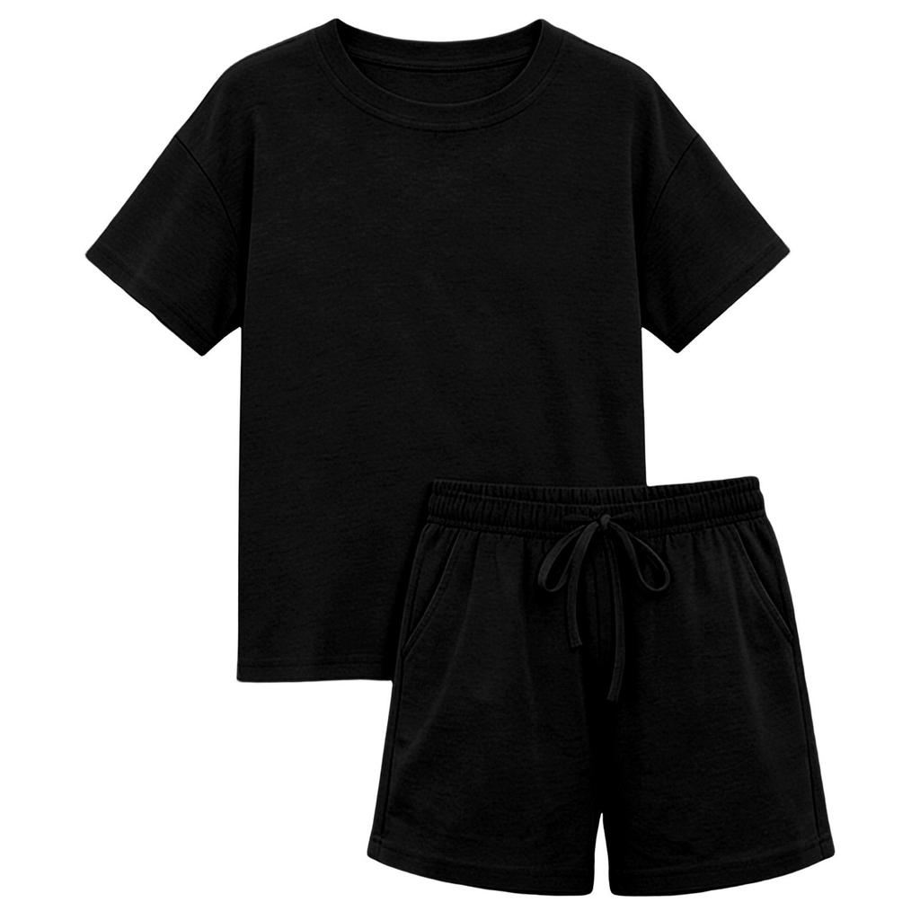 Kids Solid Color Shorts Set Drawstring Waist Pockets Crew Neck T-Shirt Casual Summer Outfit for Boys and Girls