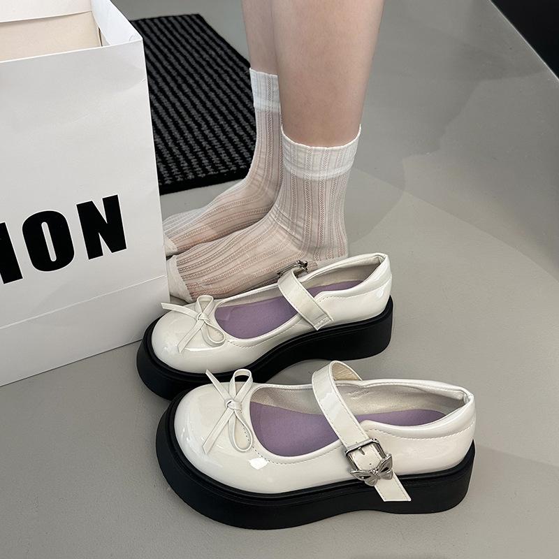 White Bow Platform Small Leather Shoes Women's Skirt 2025 Summer New Retro Round Head Jk Mary Jane Single Shoes