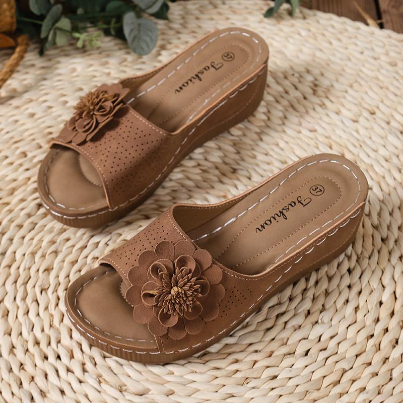 Chinelos de Cunha com Decoração de Flores Retrô Femininos Sandálias de Plataforma com Fundo Grosso de Verão Femininas Antiderrapantes Sapatos de Praia Chinelos para Exterior
