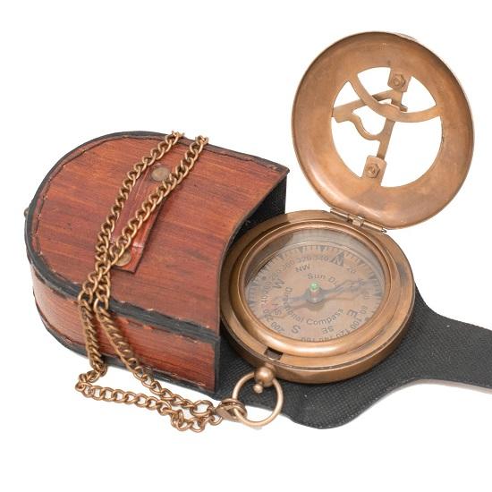 KHUMYAYAD Bussola per orologio solare fatta a mano in ottone, articolo completamente funzionale con custodia in vera pelle