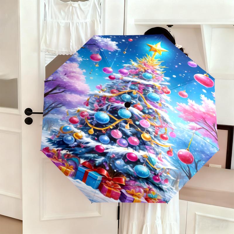 Christmas gifts, bells, Santa Claus, snowman, Christmas tree umbrella, home essential, wrought iron tri-fold portable all-season outdoor umbrella H25