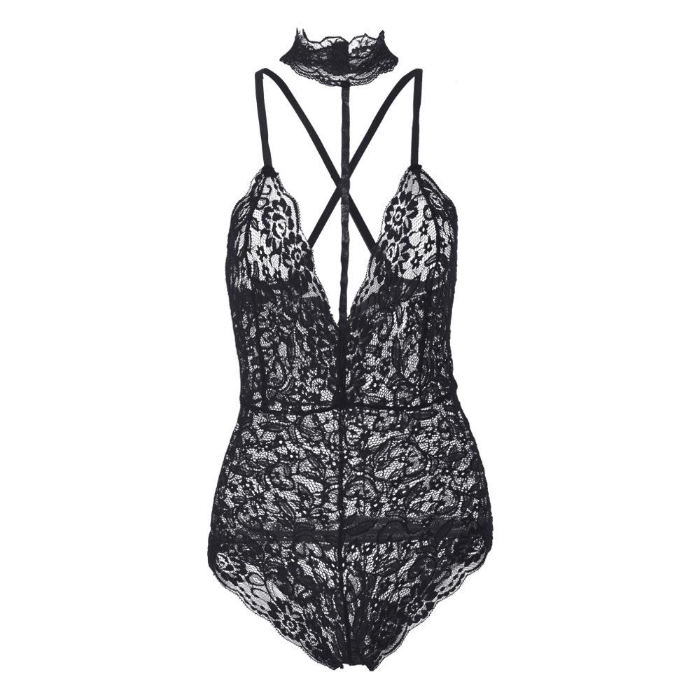 Sexy Woman Underwear Black Floral Lace Sleepwear Choker V-Neck Bodysuit Playsuits Female Costumes Sexy Lingerie Set