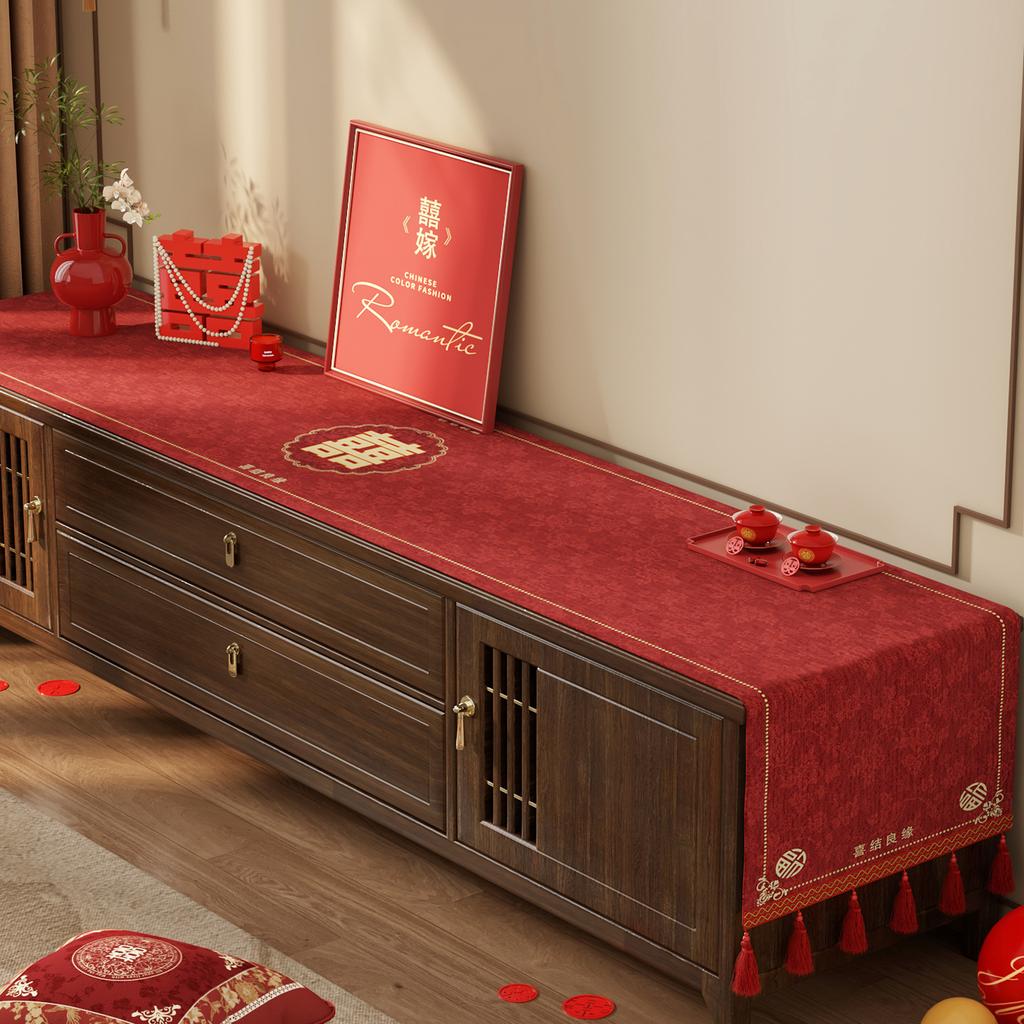 Wedding Tv Cabinet Tablecloth Light Luxury High-End Red Side Cabinet Long Strip Cover Festive Coffee Table Decorative Cloth