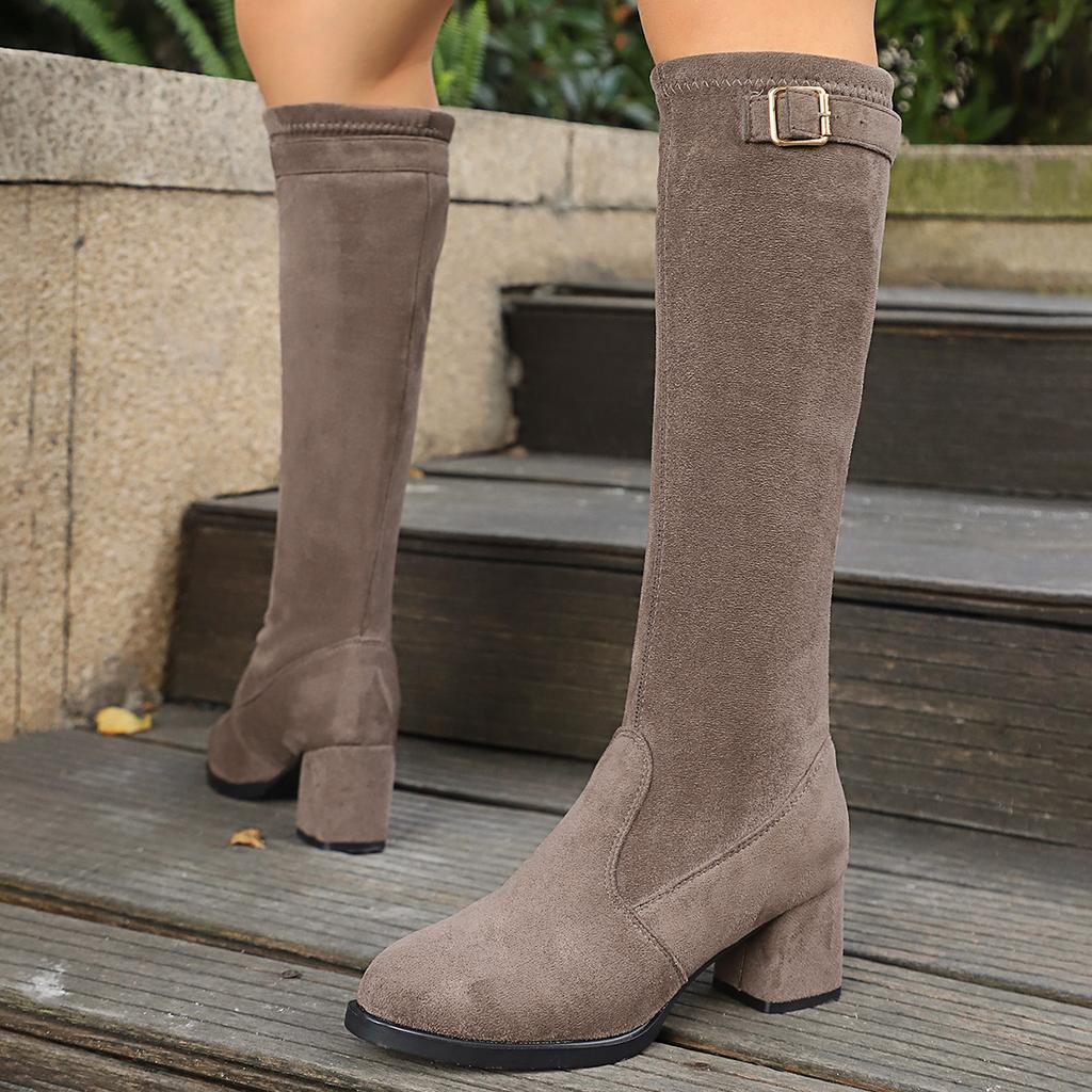 Autumn and winter new British style versatile boots belt buckle thick heel thin boots trendy high heel elastic boots