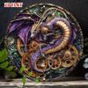 Purple Steampunk Dragon Round Metal Wall Poster with Gears for Living Room