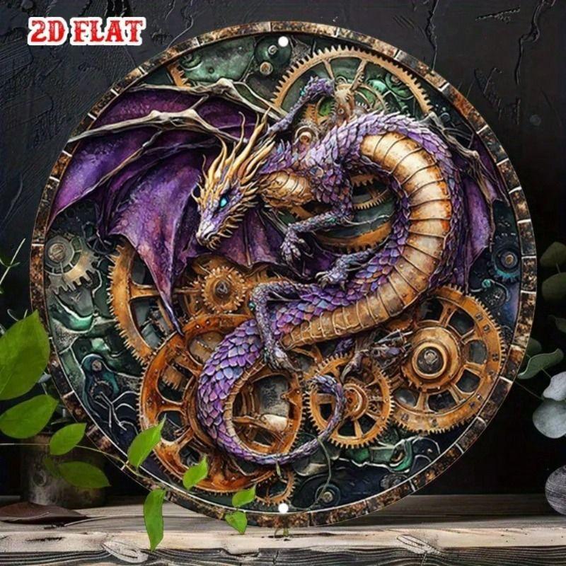 

Purple Steampunk Dragon Round Metal Wall Poster with Gears for Living Room