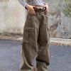 Plus Size Retro Wide Leg Deconstructed Workwear Jeans - Unisex Casual High Street Pants with Big Pockets