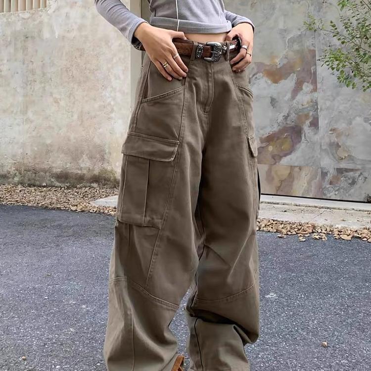 Plus Size Retro Wide Leg Deconstructed Workwear Jeans - Unisex Casual High Street Pants with Big Pockets