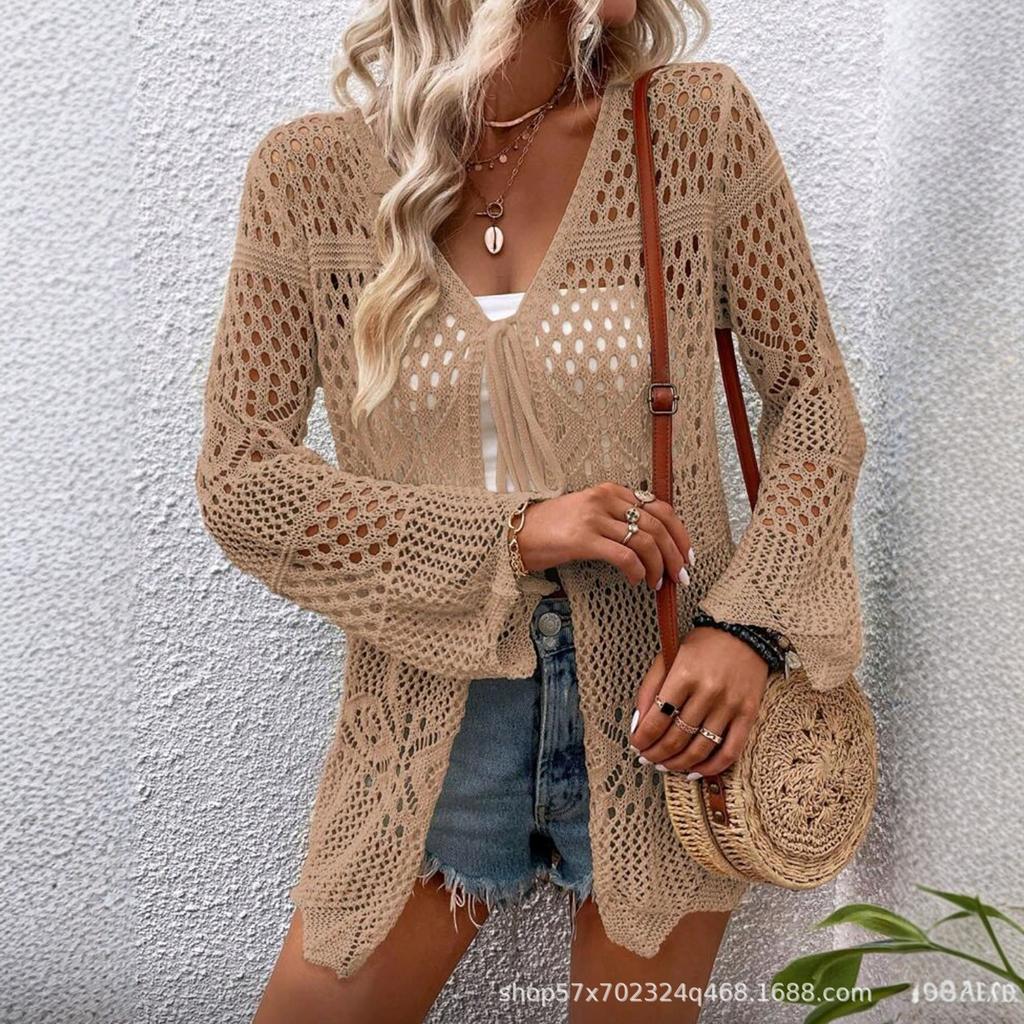 Women V Neck Long Sleeve Hollow Out Knit Cardigan Sun Protection Beach Cover Up Outerwear