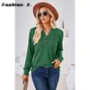 Europa und die Vereinigten Staaten Neue einfarbige V-Ausschnitt-Knöpfe Lose Langarm-T-Shirt-Oberteile für Frauen