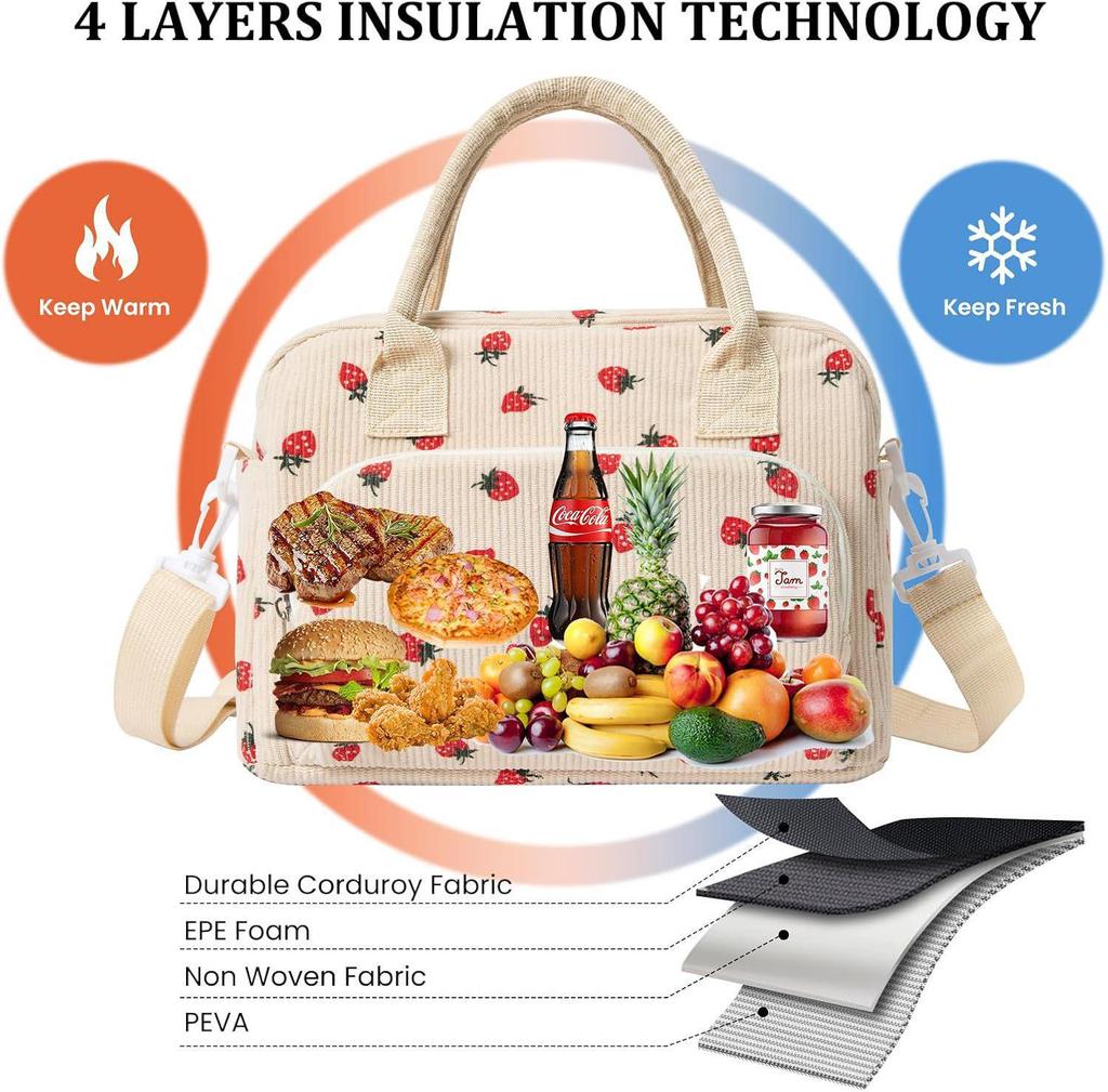 Corduroy Strawberry Print Insulated Lunch Bag for Office and Picnic
