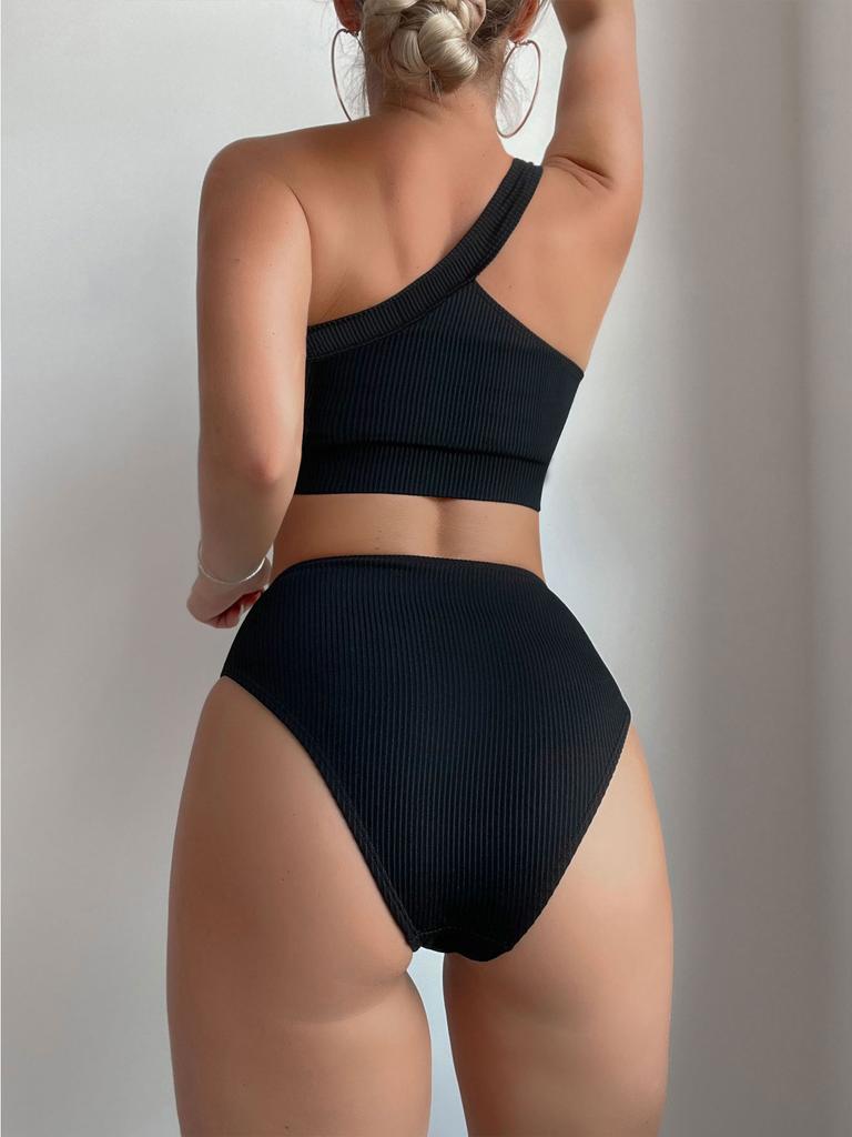 2026 New Style Solid Ribbed One Shoulder High Waist Sexy Bikini Swimsuit Stylish Comfortable For Summer Beach Holiday