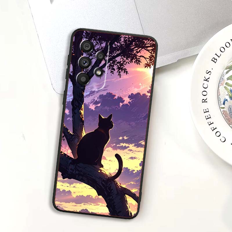 Cartoon Cat Cute For Samsung A73 A72 A71 A55 A54 A53 A52 A51 A13 A22 A16 A15 A12 A14 A26 A07 5G Black Phone Case