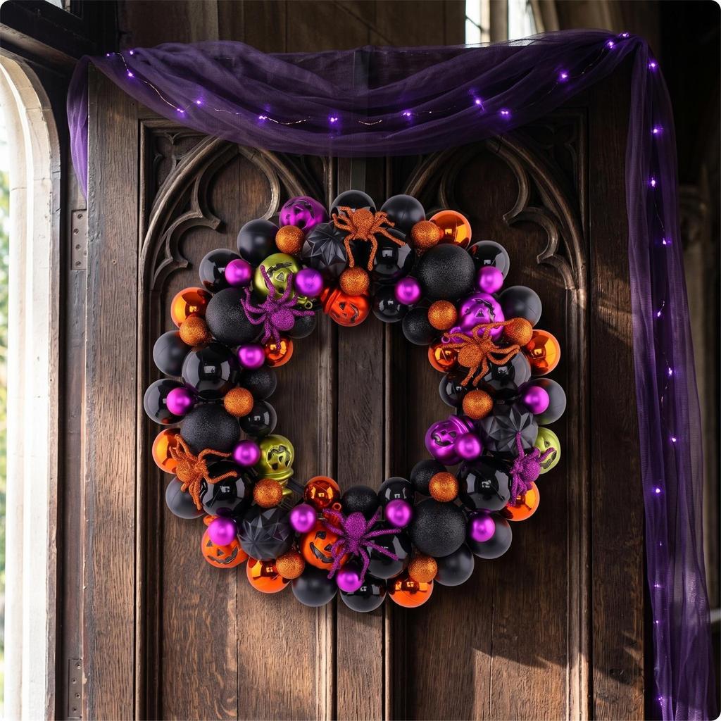 Halloween Wreath Black Bead with Arachnids Spooky Door Hanging for Homeowners, Party Hosts,