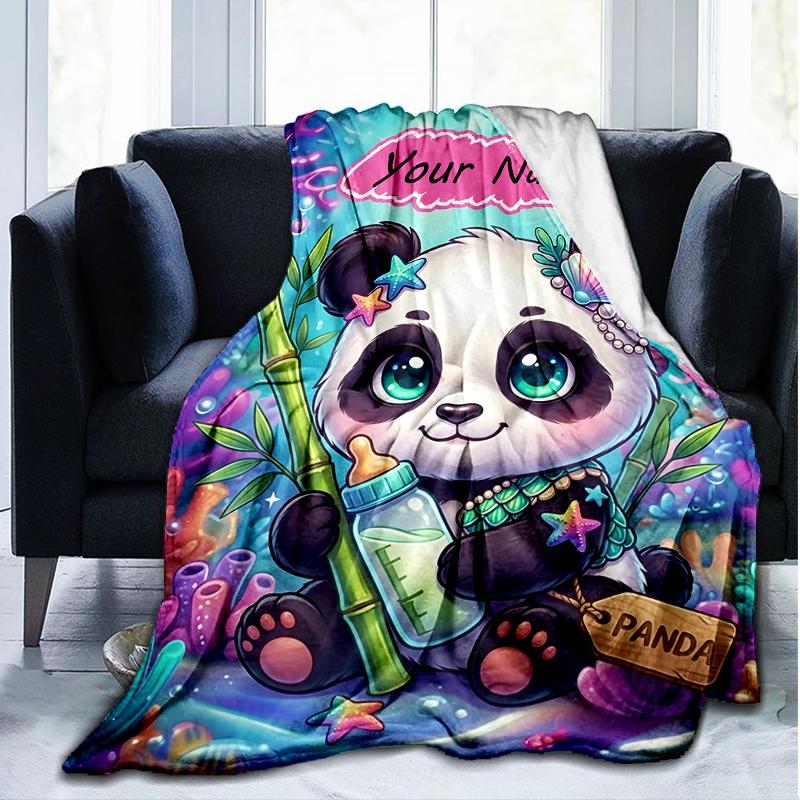 1PC Custom Name Panda Underwater Adventure flannel blanket versatile,all-season throw suitable for the living room,bedroom,camping,travel,and gift