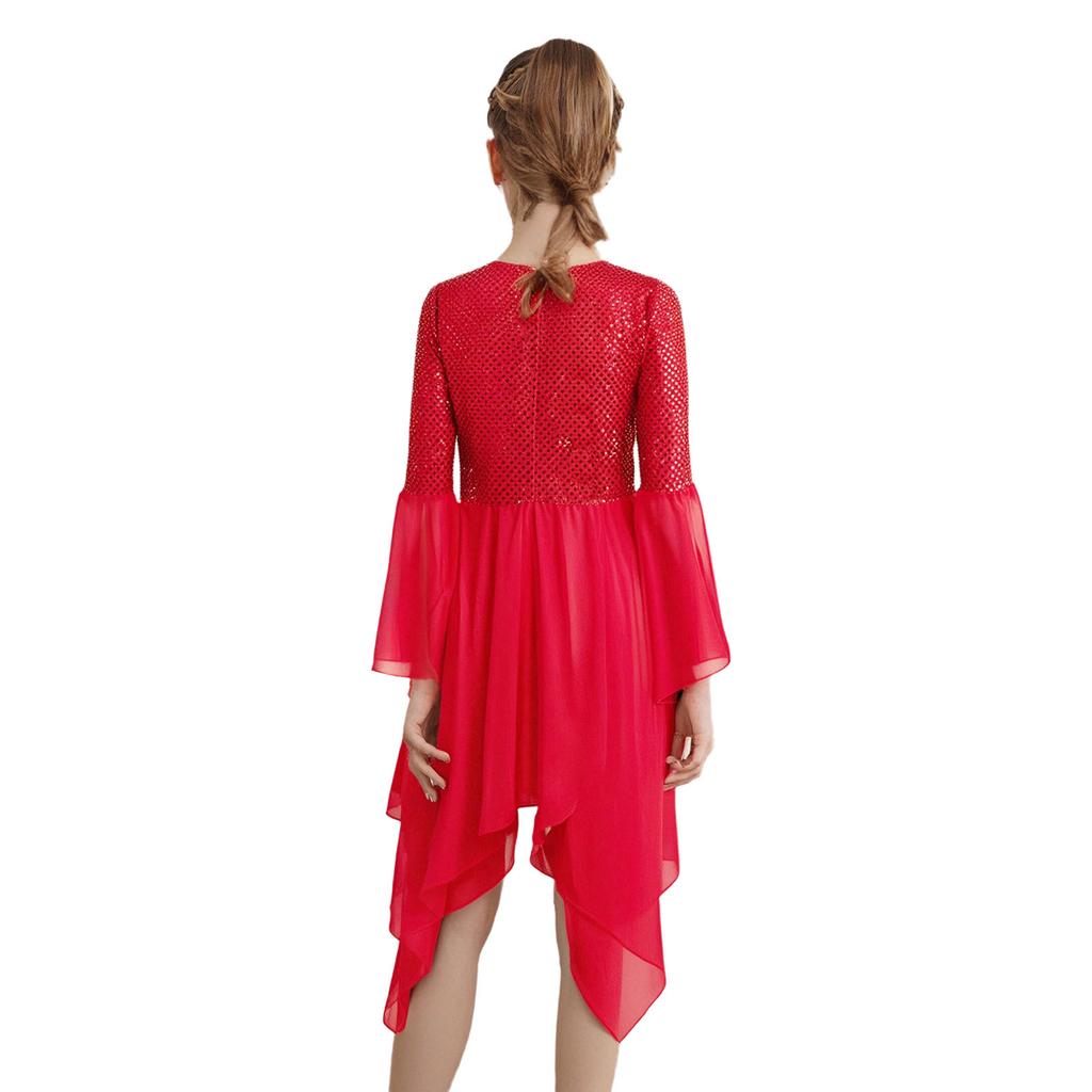 Girls Liturgical Dance Dress Shiny Sequins Patchwork Round Neck Flared Sleeve Asymmetrical Hem Performance Tunic