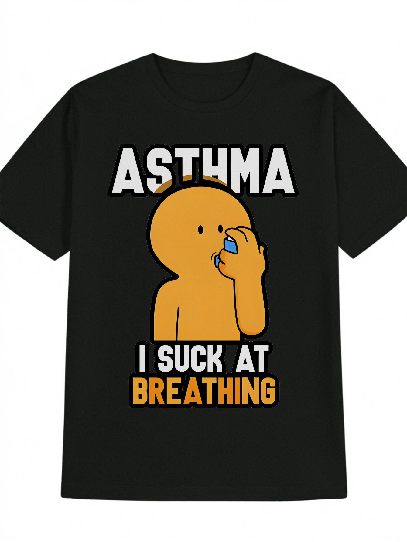 Humorous Asthma Graphic T-shirt - Black Casual Round Neck Tee with Cartoon Character & I SUCK AT BREATHING Print L