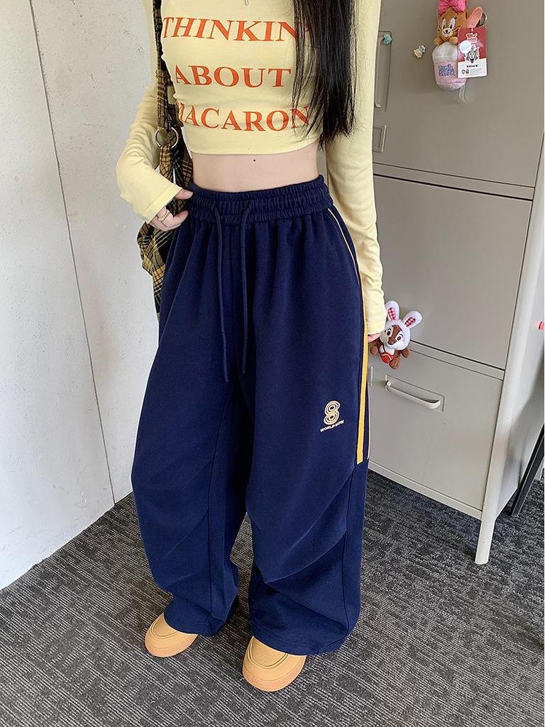 Women's Navy Three-Stripe Wide-Leg Track Pants - Spring/Autumn Casual Loose Fit