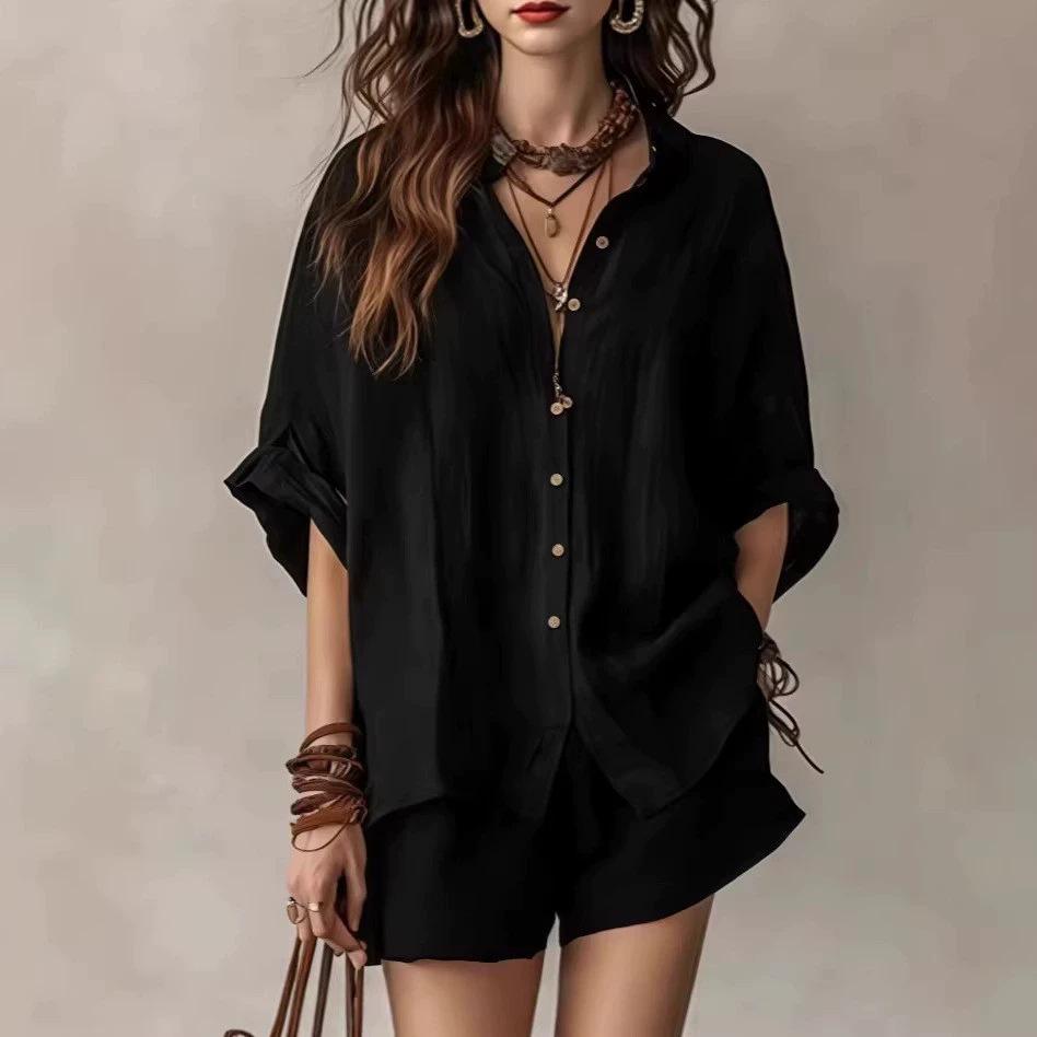 2026 Spring/Summer Women's Solid Color Loose Button-Down Shirt and Shorts Fashion Casual Set